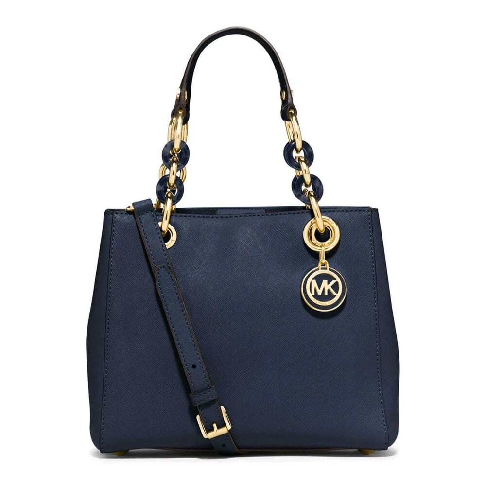 Michael Kors Saffiano Leather Cynthia Convertible Satchel Bag Small Navy Blue - Picture 1 of 16